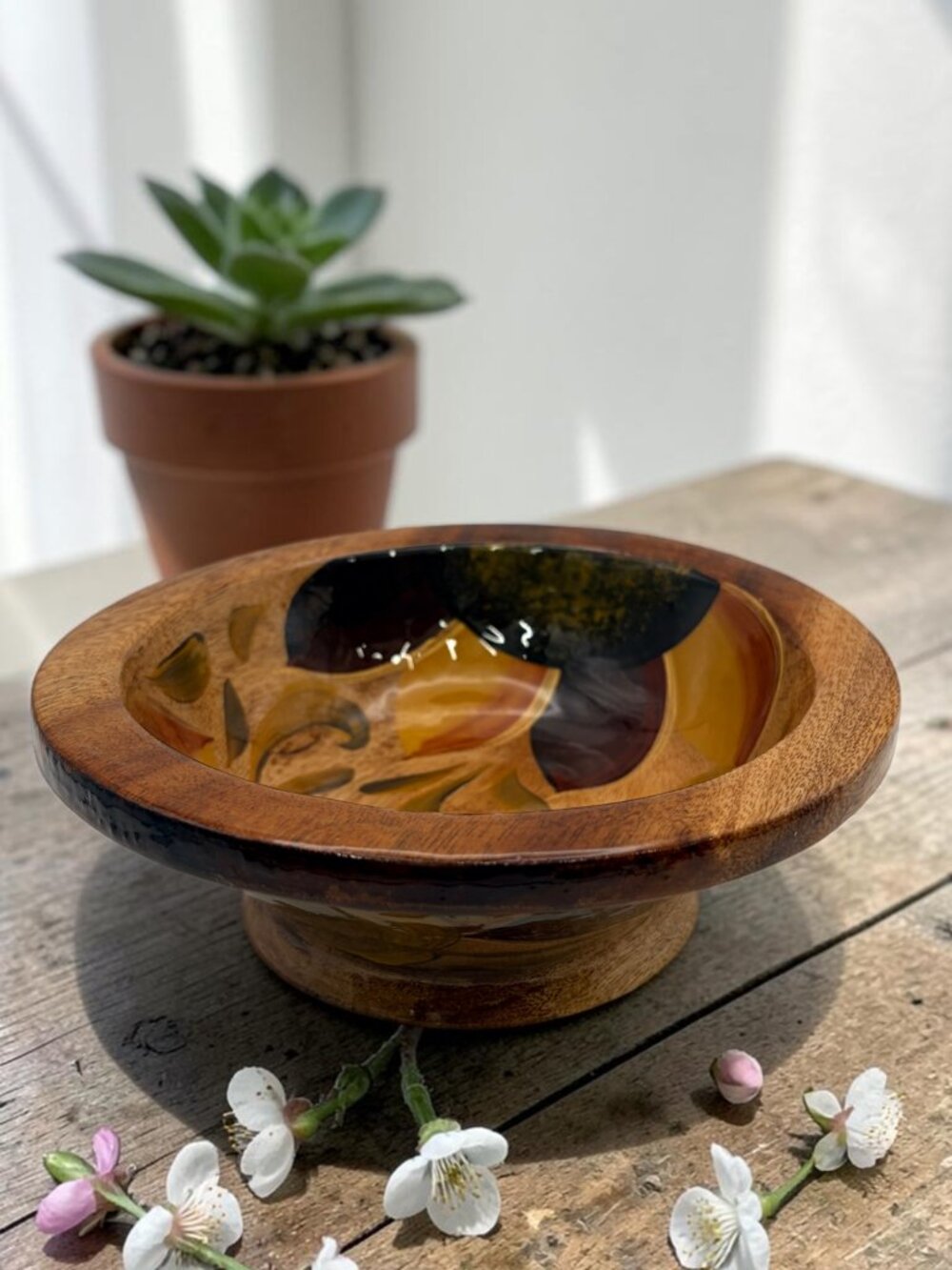 Vintage Hand Carved Haitian LACQUER High-Gloss Wood Bowl Abstract Floral Design